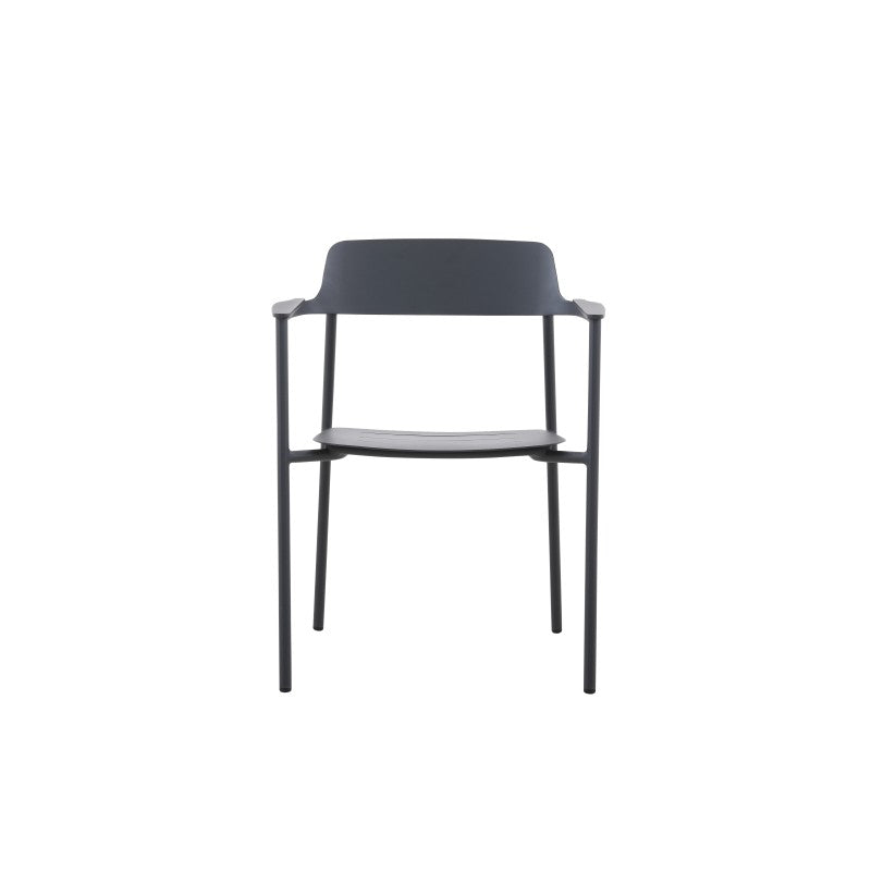 Rear view of the AURORA black outdoor dining armchair and curved backrest