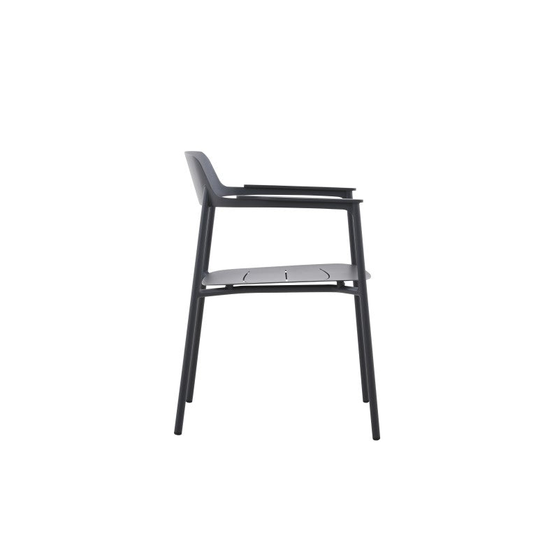 Side view of the AURORA black outdoor dining armchair with open arms