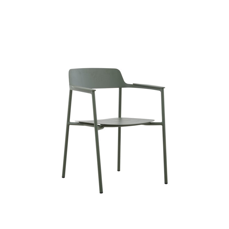Angled view of the AURORA dark green outdoor dining armchair with curved backrest