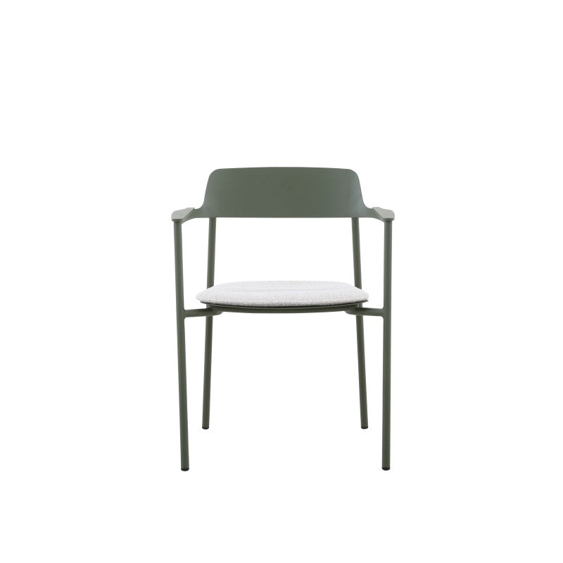 Front view of the AURORA dark green outdoor dining armchair with light cushion