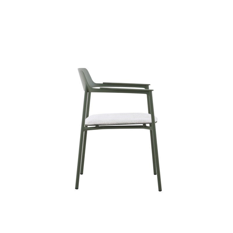Side view of the AURORA dark green outdoor dining armchair with open arms