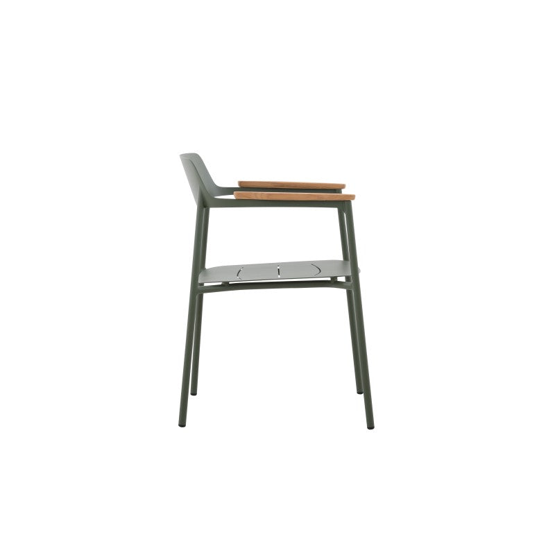 Detail of the AURORA dark green outdoor dining armchair teak arm accents and seat