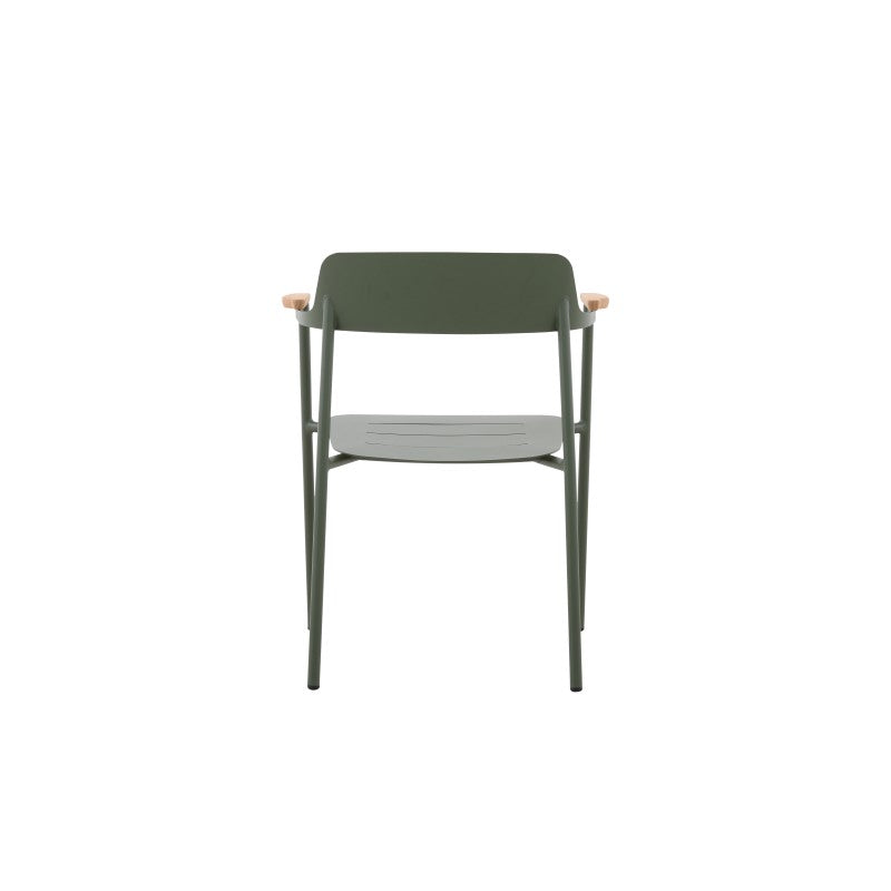 Front view of the AURORA dark green outdoor dining armchair with light cushion