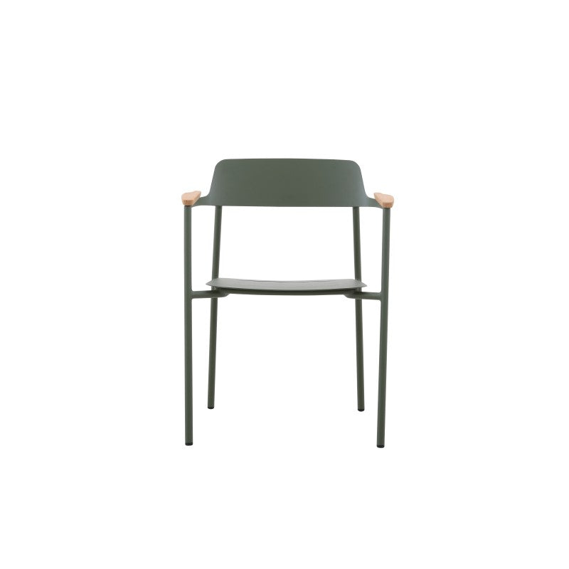 Rear view of the AURORA dark green outdoor dining armchair with teak arms