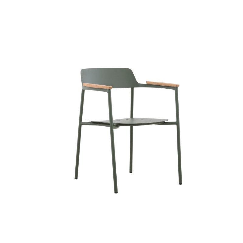 Side view of the AURORA dark green outdoor dining armchair with warm teak arm accents
