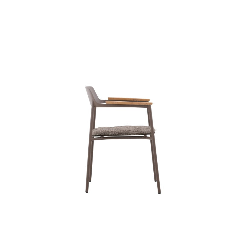 Detail of the AURORA brown outdoor dining armchair teak arm accents and textured seat