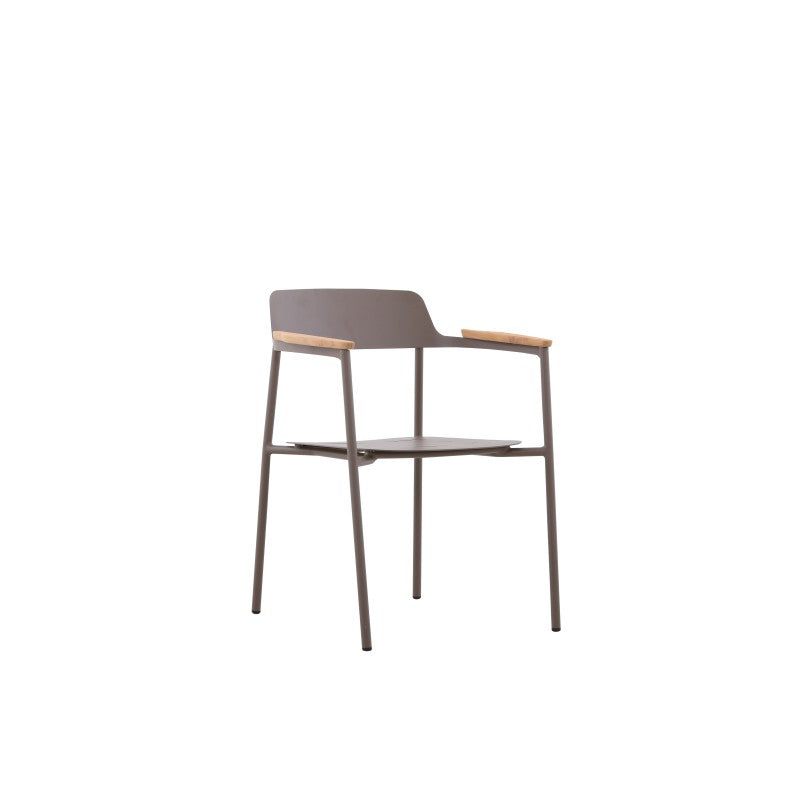 Side view of the AURORA brown outdoor dining armchair with natural wood arm accents