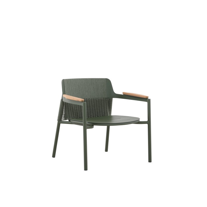 Front view of the AURORA dark green outdoor lounge chair with seat and back cushions