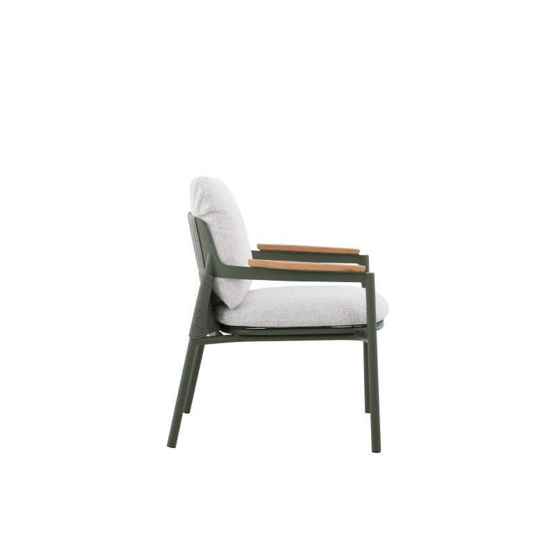 Detail of the AURORA dark green outdoor lounge chair teak arms and cushions