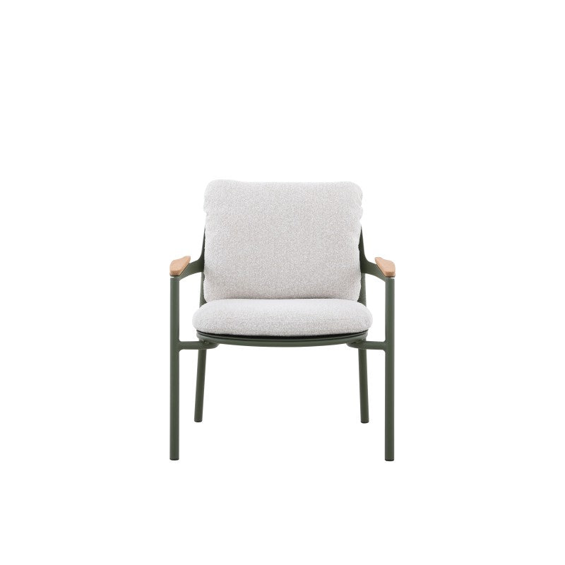 Rear view of the AURORA dark green outdoor lounge chair showing woven back panel