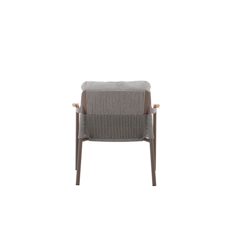 Side view of the AURORA taupe outdoor dining chair with teak arm accents