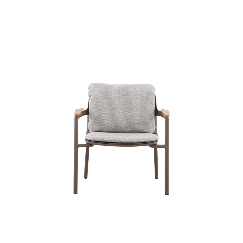 Front view of the AURORA taupe outdoor dining chair with light cushions