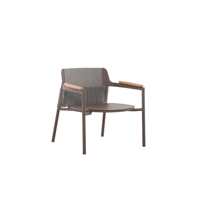 Rear view of the AURORA taupe outdoor dining chair showing its woven back panel