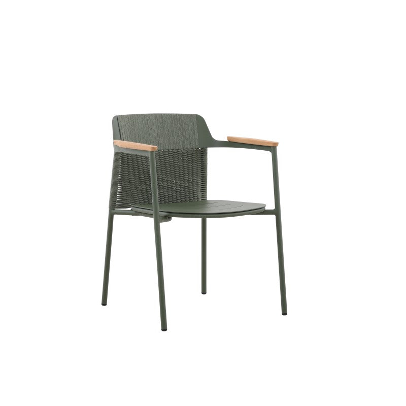 Side view of the AURORA dark green woven outdoor dining chair with teak arm accents