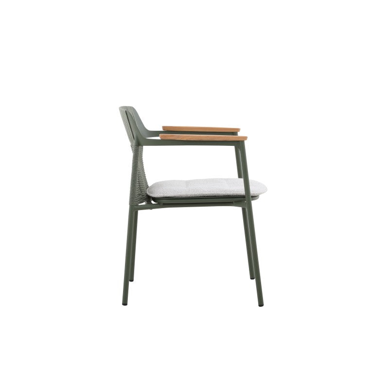 Front view of the AURORA dark green woven outdoor dining chair with teak arms