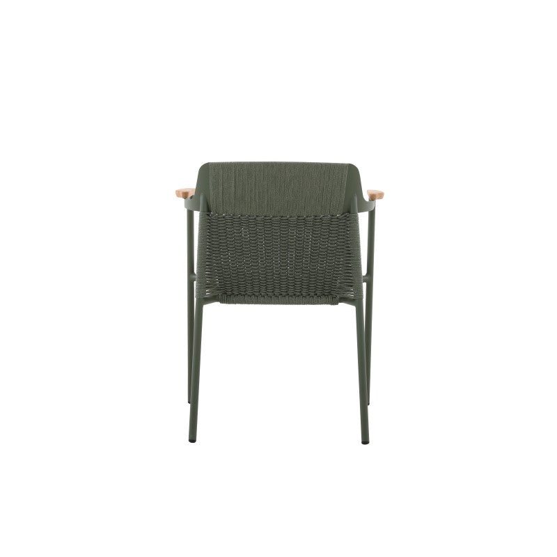 AURORA dark green woven outdoor dining chair with light seat cushion and teak arms