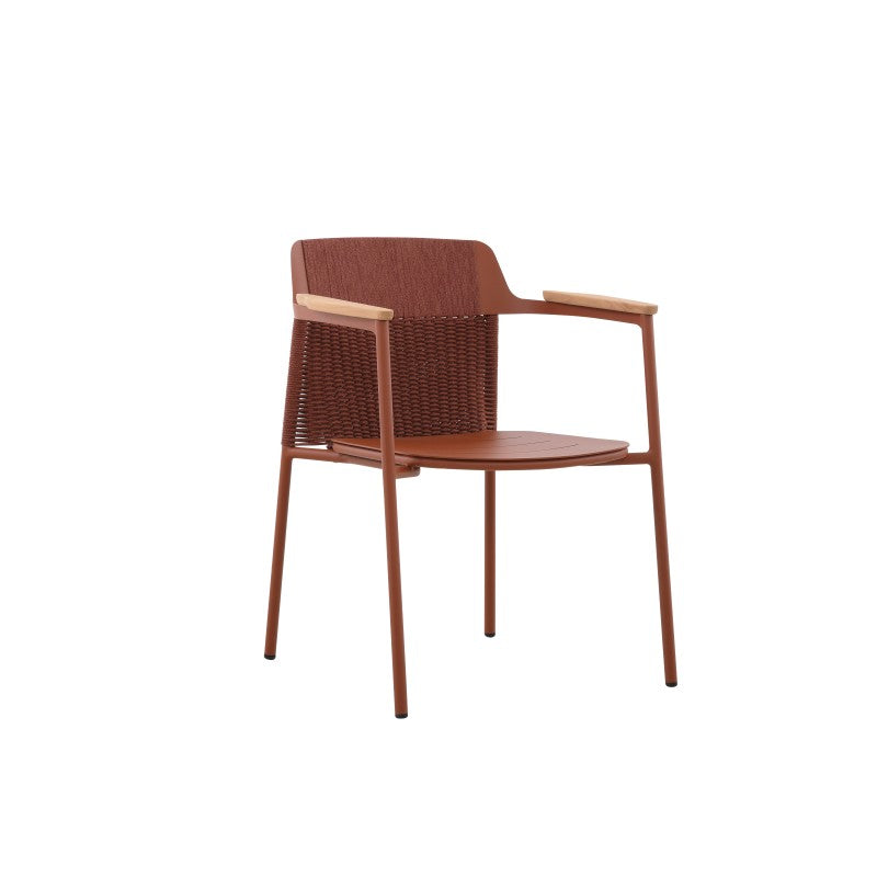 Side angle of the AURORA rust red woven outdoor dining chair with teak arm accents