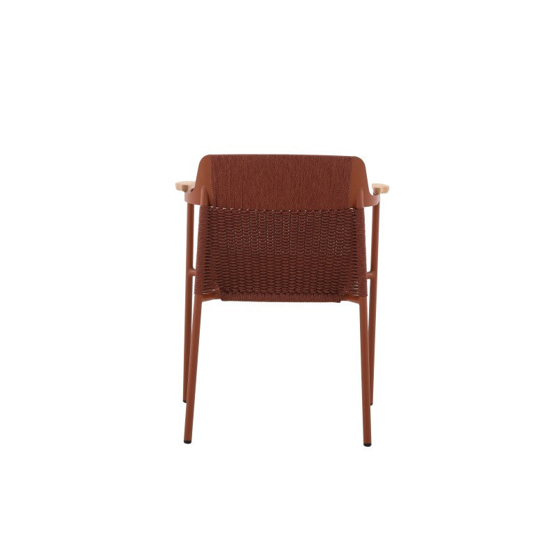 Rear view of the AURORA rust red woven outdoor dining chair showing the woven back