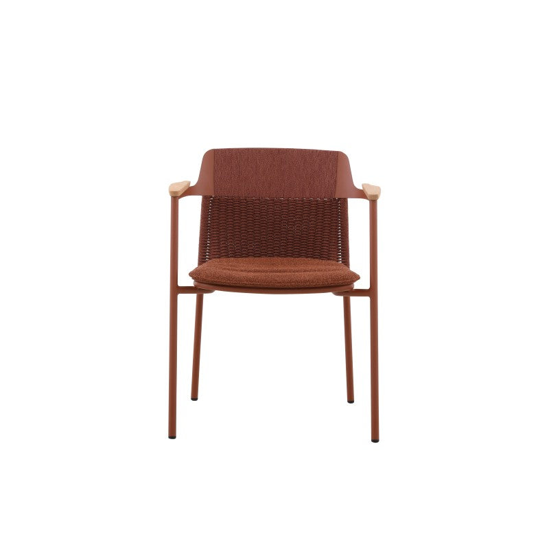 Front view of the AURORA rust red woven outdoor dining chair with matching seat cushion