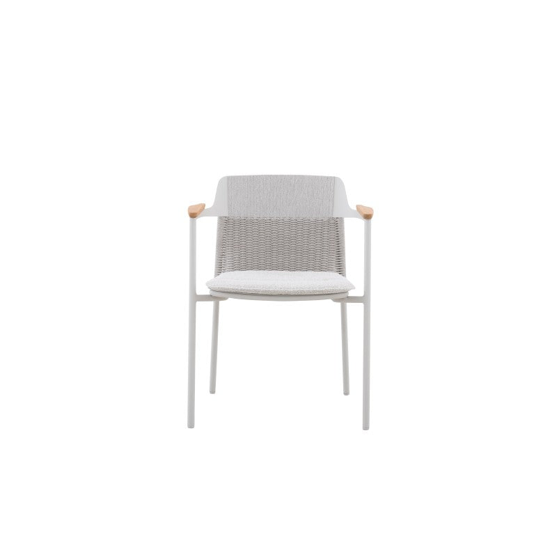 Side view of the AURORA light grey woven outdoor dining chair with teak arm accents