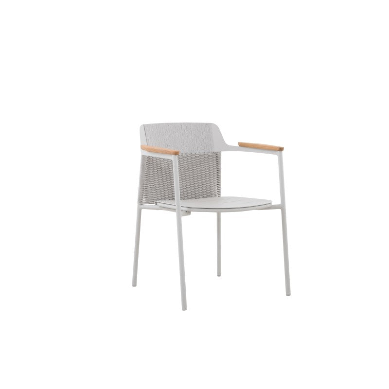 Angled view of the AURORA light grey woven outdoor dining chair with light seat cushion