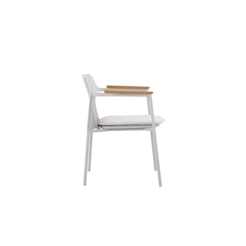 Front view of the AURORA light grey woven outdoor dining chair with teak arms