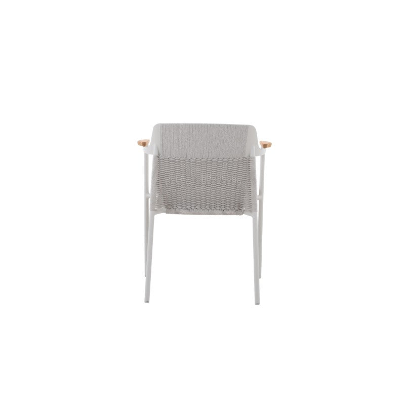 Detail of the AURORA light grey woven outdoor dining chair woven back and seat cushion