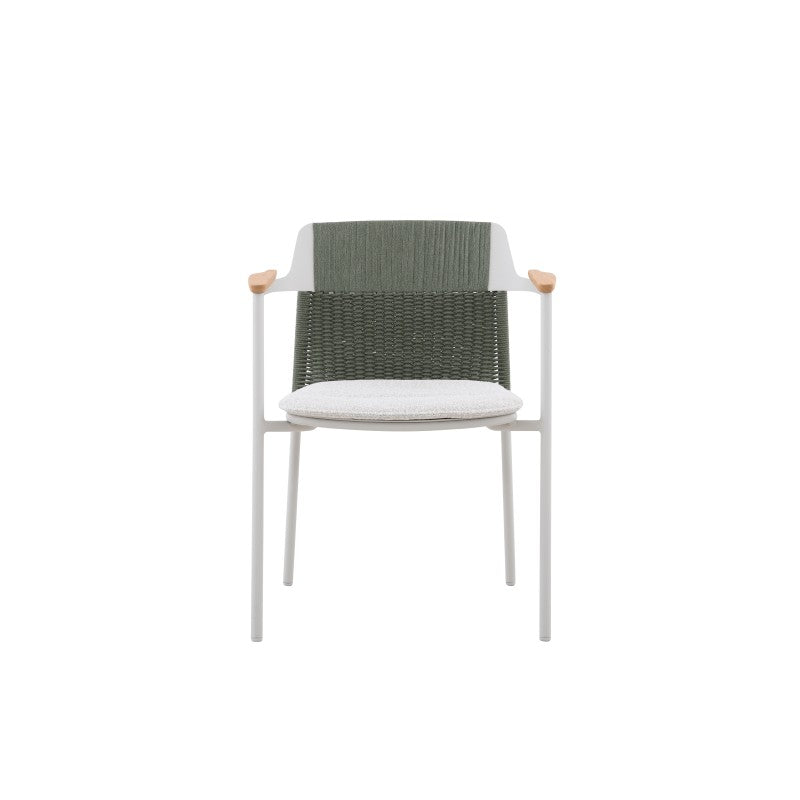 Front view of the AURORA light grey outdoor dining chair with green woven back