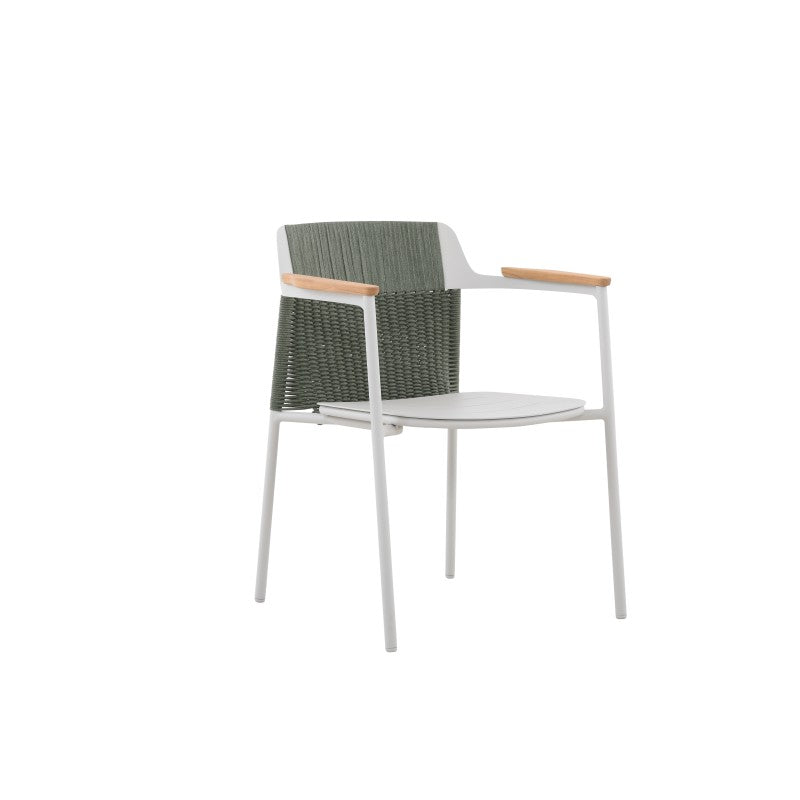 Angled view of the AURORA light grey outdoor dining chair with green woven back and light cushion