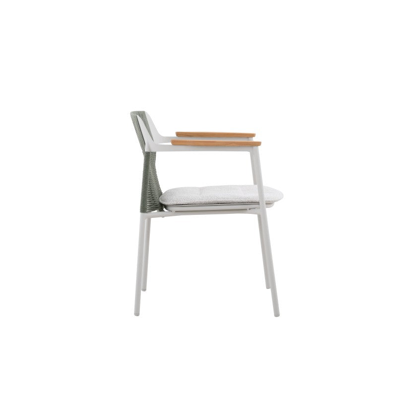 Rear view of the AURORA light grey outdoor dining chair showing its green woven back