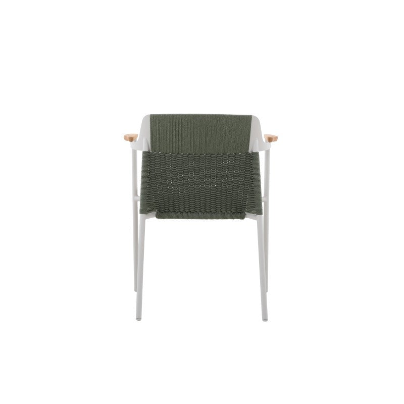 Detail of the AURORA light grey outdoor dining chair green woven back and teak arms