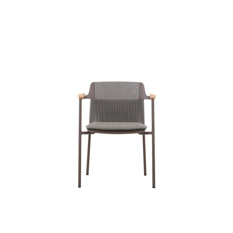 Front view of the AURORA dark grey woven outdoor dining chair with teak arms
