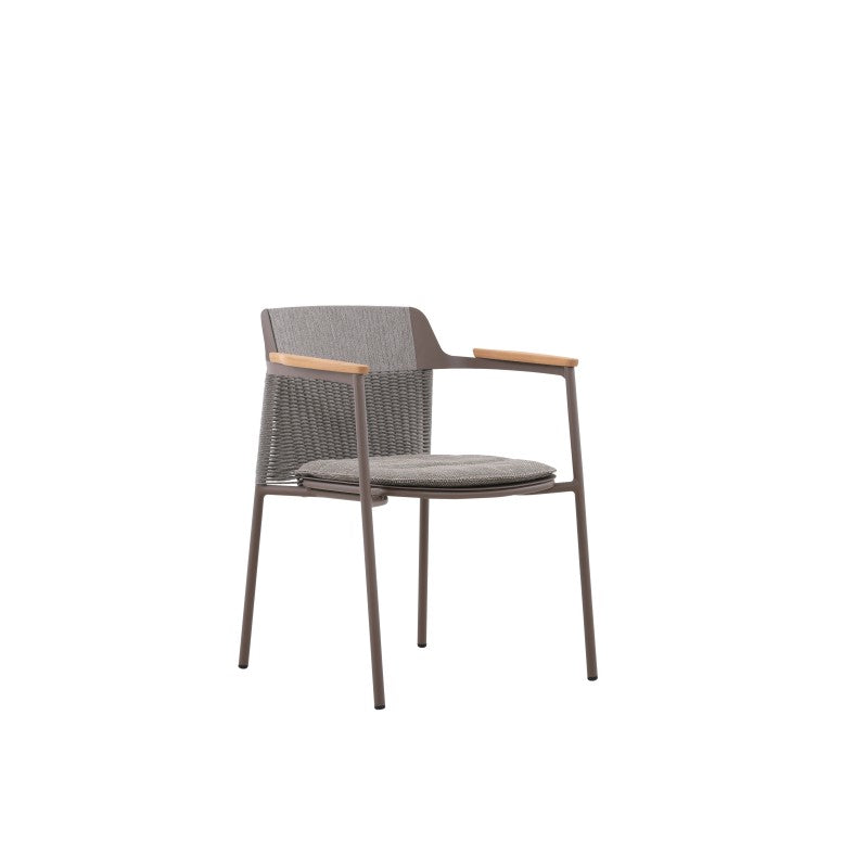 Angled view of the AURORA dark grey woven outdoor dining chair with teak arms