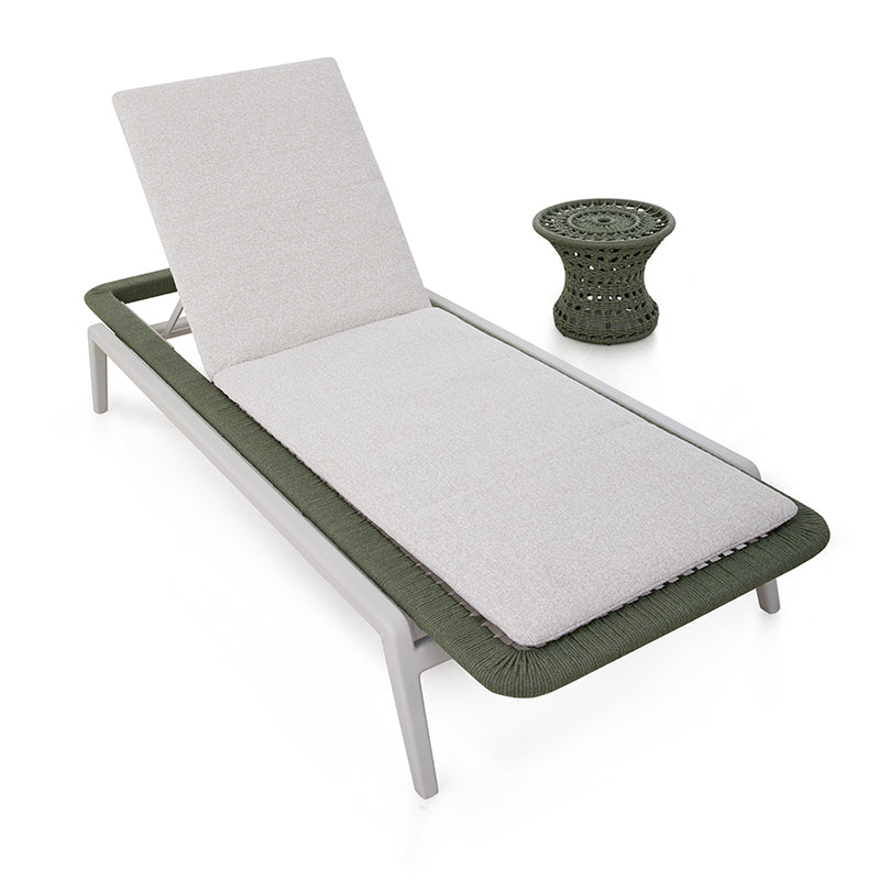 Angled view of the AURORA outdoor sun lounger with raised adjustable backrest