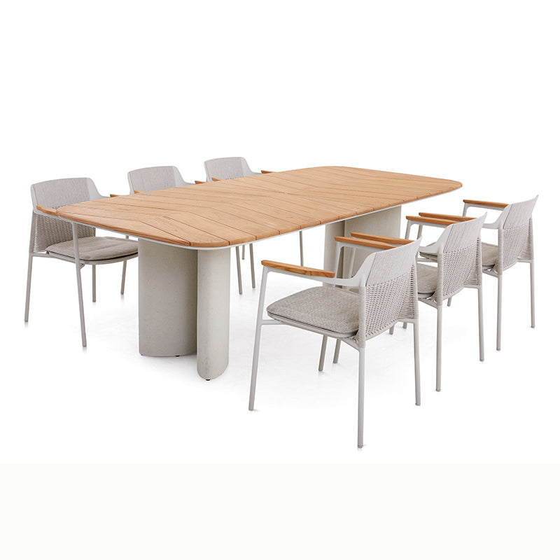 AURORA teak outdoor dining table arranged for an outdoor meal