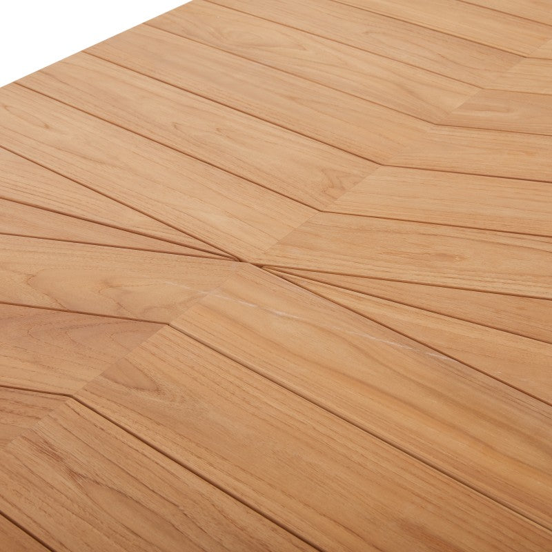 Close-up of the AURORA teak tabletop showing its natural slatted pattern