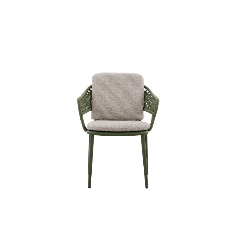 Side view of the BOSSA olive green woven outdoor dining armchair with cushions