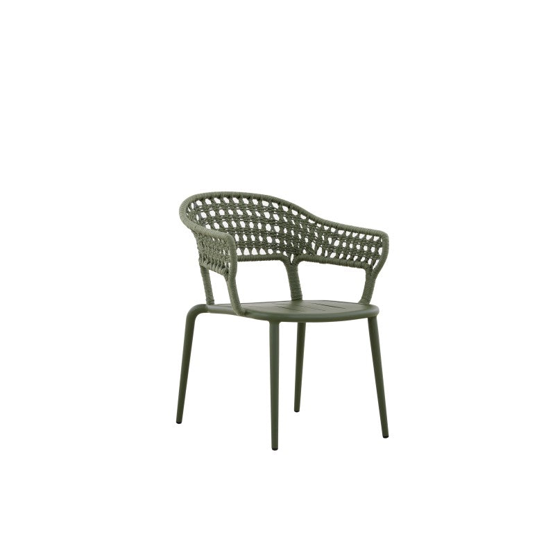 Angled view of the BOSSA olive green woven outdoor dining armchair