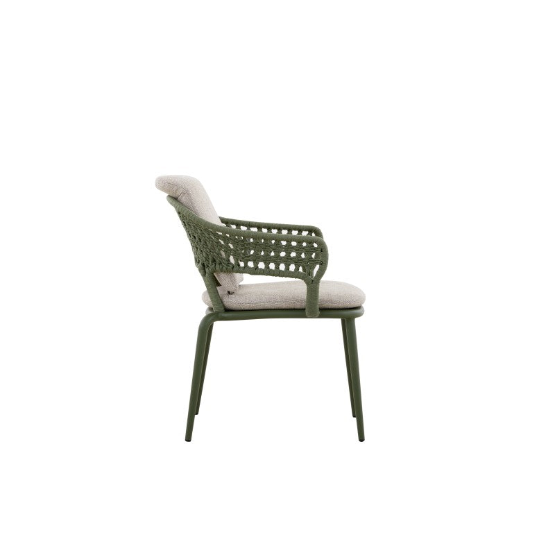 BOSSA olive green woven outdoor dining armchair shown without cushions