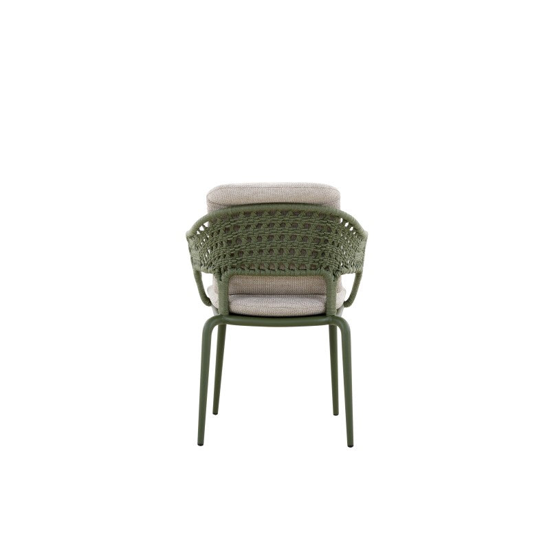 Rear view of the BOSSA olive green woven outdoor dining armchair