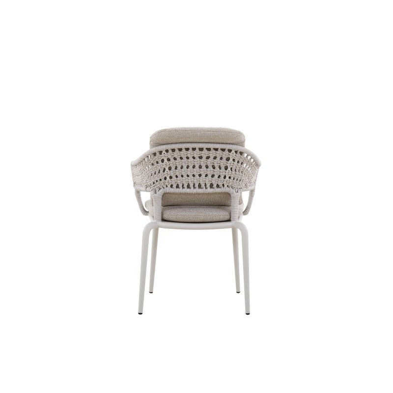 Rear view of the BOSSA white woven outdoor dining armchair