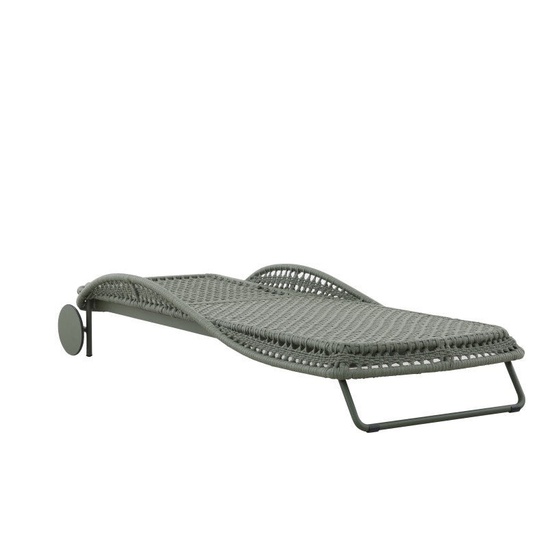Rear view of the BOSSA outdoor sun lounger with adjustable backrest and wheels