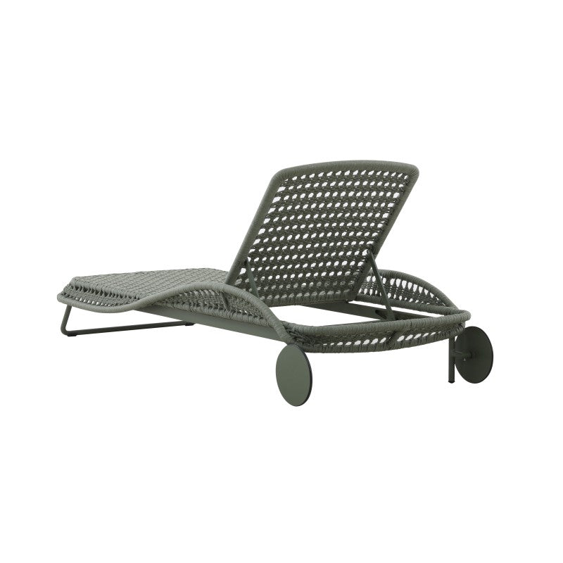 Front view of the BOSSA outdoor sun lounger with woven rope backrest
