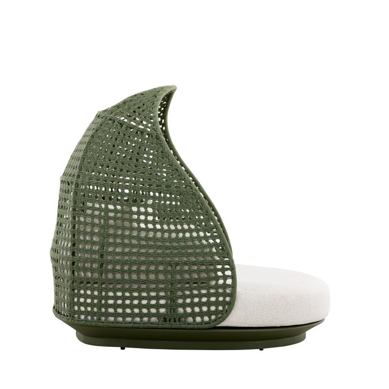 Rear view of the BOSSA outdoor cocoon chair showing its woven shell