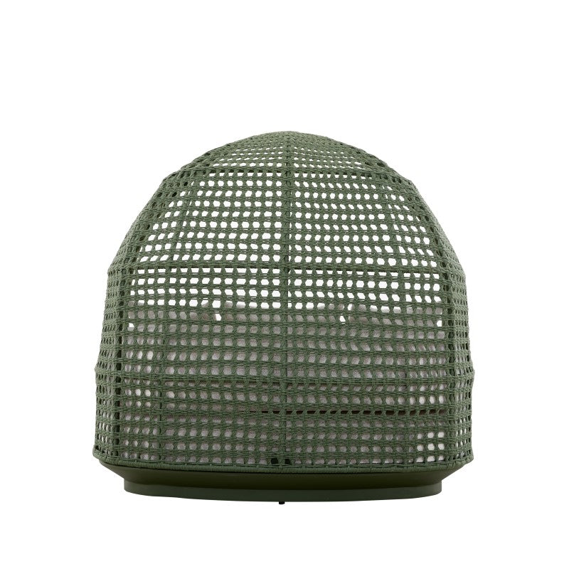BOSSA outdoor cocoon chair shown without its cushion, revealing the slatted base