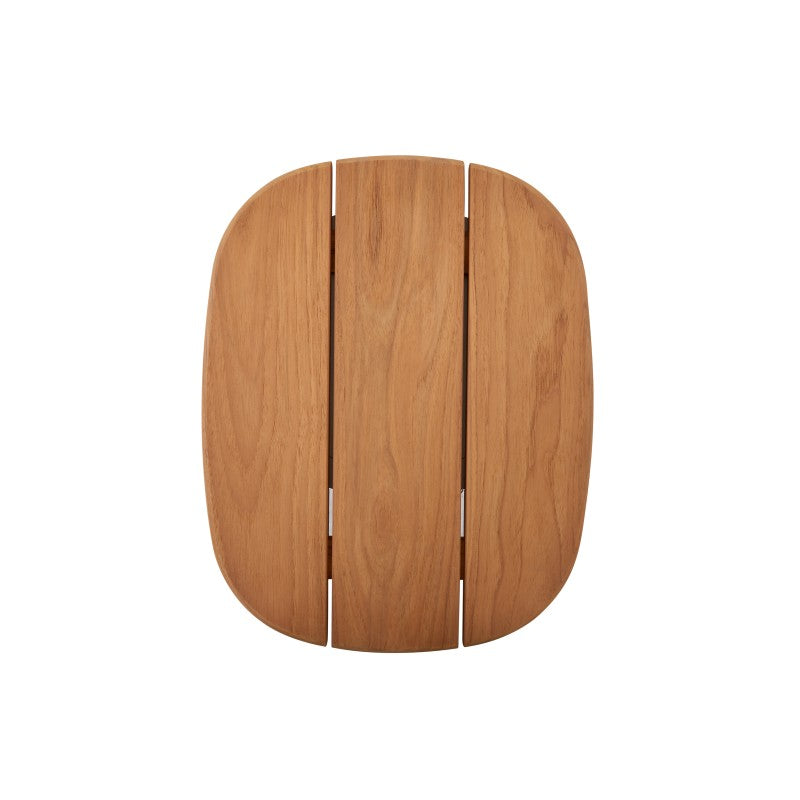 Top view of the COCOON teak outdoor side table showing its slatted teak surface