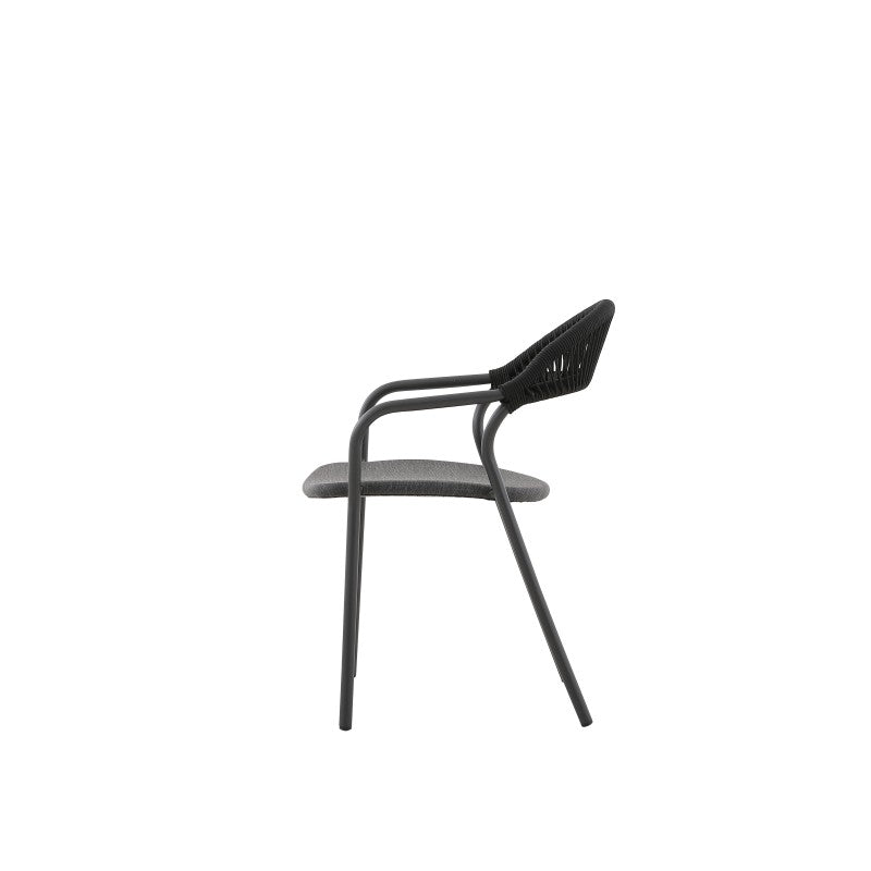 Rear view of the FANO black woven outdoor dining armchair