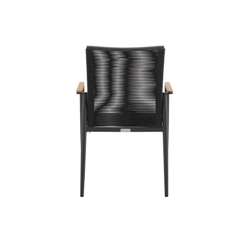 Rear view of the FANO black woven outdoor dining armchair with teak arms