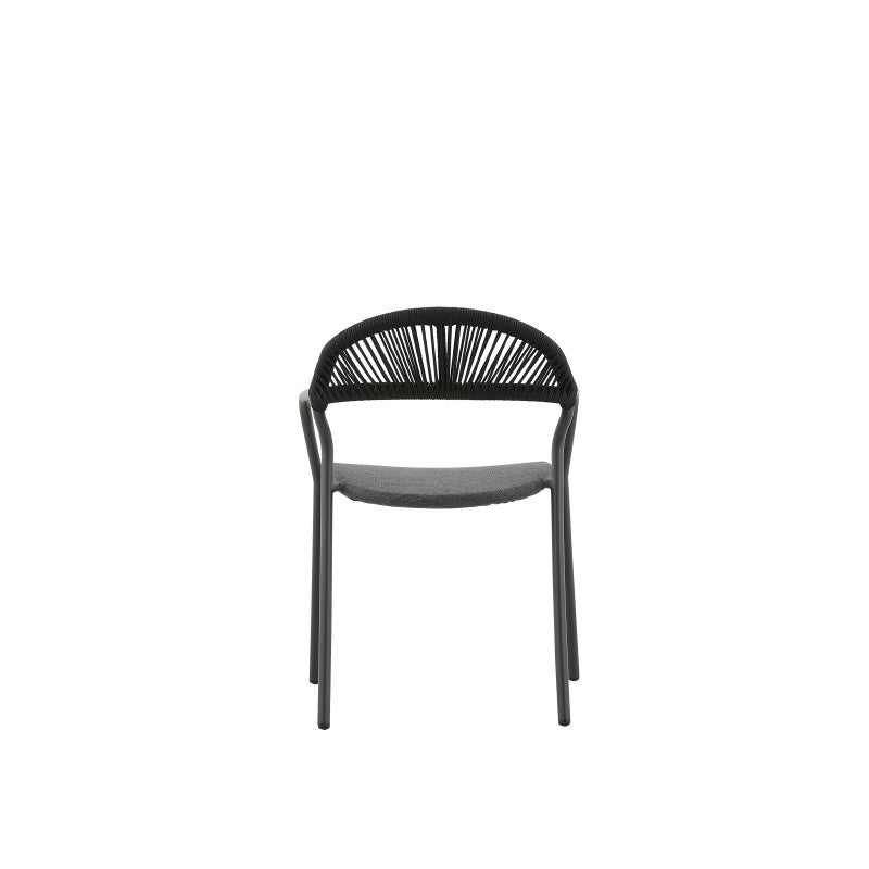 Angled view of the FANO black woven outdoor dining armchair