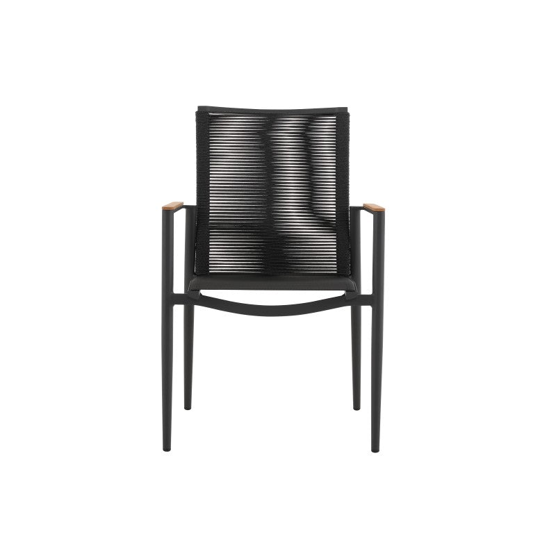 Front view of the FANO black woven outdoor dining armchair with teak arm accents